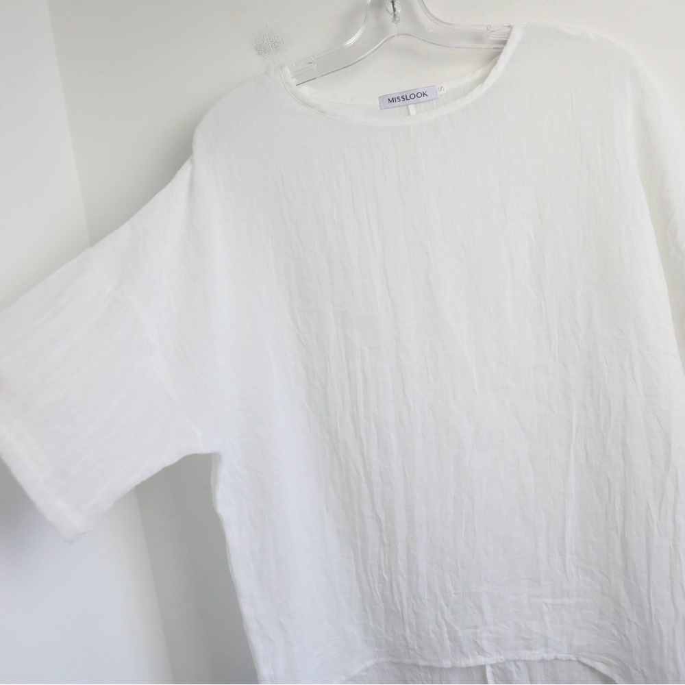 White lagenlook women loose fit top oversized tee S Misslook gauzy cotton sheer - Picture 9 of 10